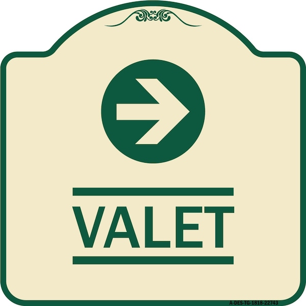 Signmission Designer Series Valet Right Arrow, Tan & Green Heavy-Gauge Aluminum Sign, 18" x 18", TG-1818-22743 A-DES-TG-1818-22743 - main